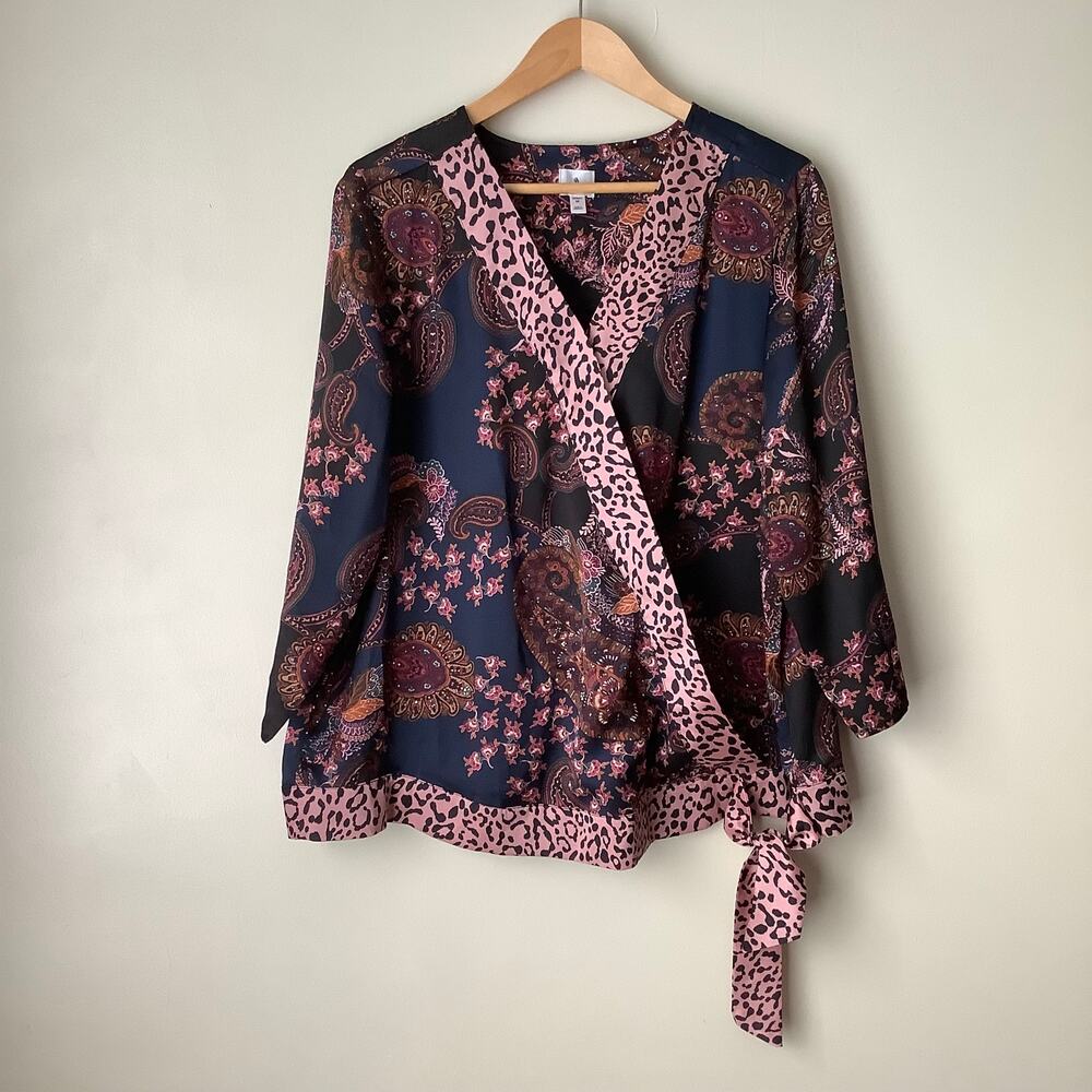 Dressbarn Womens V-Neck Side Tie Front Cheetah Paisley Print Blouse Plus 1X